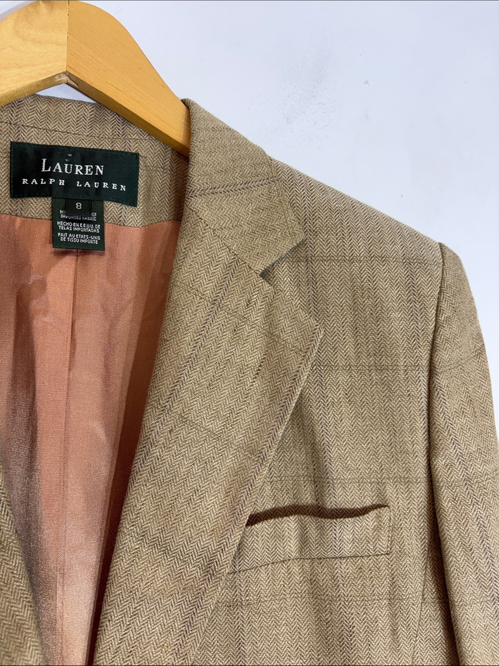 Lauren Ralph Lauren Herringbone Linen Rayon Blazer Tailored Jacket Tan Size 8 - Picture 6 of 16